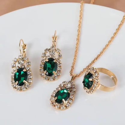 Necklace Earring Ring Three-piece Set For Women Water Drop Heart-shaped Rhinestone Set Fashion And Exquisite Bridal Accessories