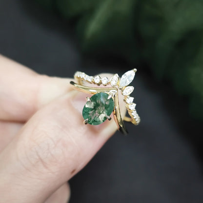 GEM'S BALLLET Unique Moss Agate V Shape Engagement Ring Set  Chevron Wedding Band 2pcs Bridal Ring Set in 925 Sterling Silver