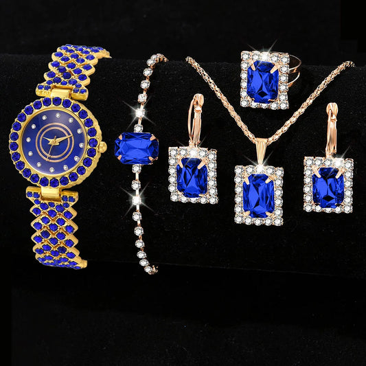 Ladies Blue Watch 6PCS Fashion Luxury Minimalist Dial Quartz Wristwatch Alloy Strap Watch Blue Diamond Jewelry Set Gift For Her