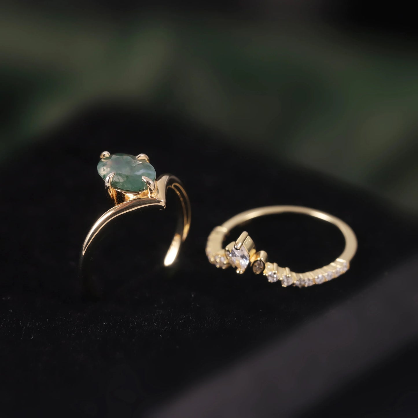 GEM'S BALLLET Unique Moss Agate V Shape Engagement Ring Set  Chevron Wedding Band 2pcs Bridal Ring Set in 925 Sterling Silver