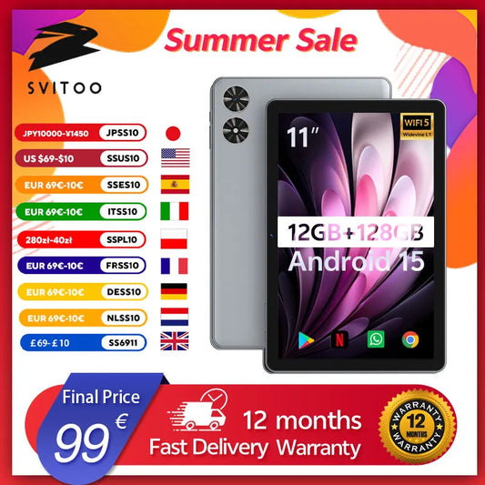 SVITOO 11 inch Tablet Android 15 12GB RAM 128GB ROM Octa Core 8000mah 2025 Tablet for Drawing Office Study HD Android Tablets
