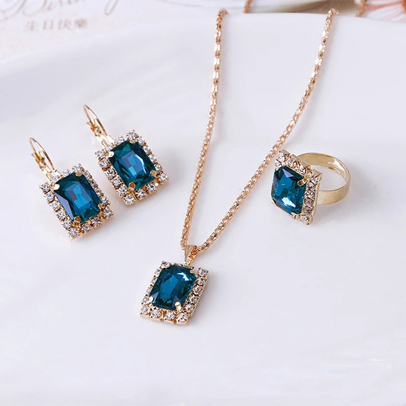 2022 New Crystal Jewelry Wedding Jewelry Set Black Zircon Dangle Earrings And Necklace Ring 3 Piece Set Women Trendy Accessories