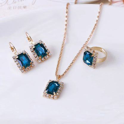 2022 New Crystal Jewelry Wedding Jewelry Set Black Zircon Dangle Earrings And Necklace Ring 3 Piece Set Women Trendy Accessories
