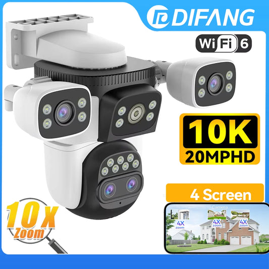 10K UHD WiFi6 Security Camera Outdoor Four Screen Surveillance Network Cam 10X Zoom PTZ 20MP Video Surveillance Smart Home