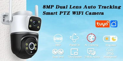 WiFi Camera Dual Lens 8MP 4K Wi-Fi Security IP Cameras Smart Home Outdoor 360 Wireless CCTV PTZ Auto Tracking Detection Tuya app