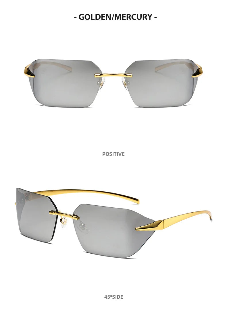 Rimless Men Sunglasses 2024 Fashion Luxury Brand Curved Lens Summer Traveling Sun Glasses for Women Frameless Rectangle Shades