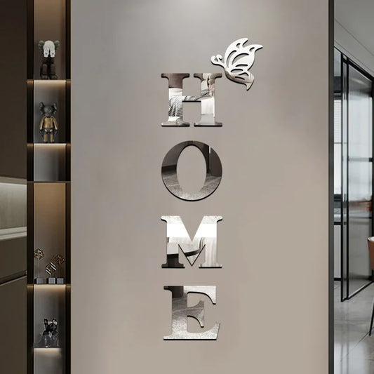 HOME Logo English Letter Mirror Wall Stickers Butterfly Acrylic Self Adhesive Detachable Wall Stickers Modern Home Decoration