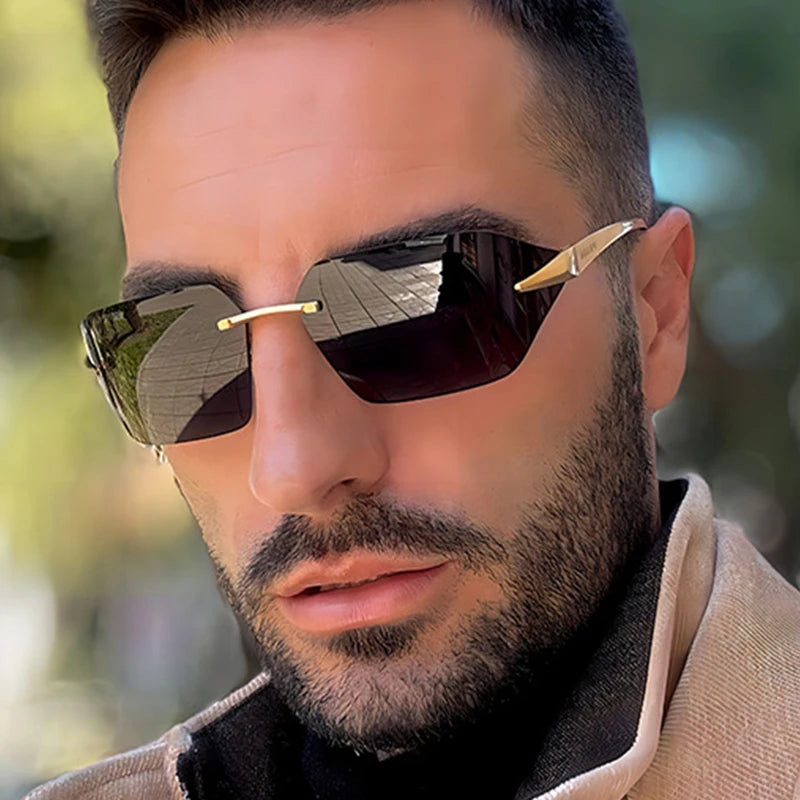 Rimless Men Sunglasses 2024 Fashion Luxury Brand Curved Lens Summer Traveling Sun Glasses for Women Frameless Rectangle Shades
