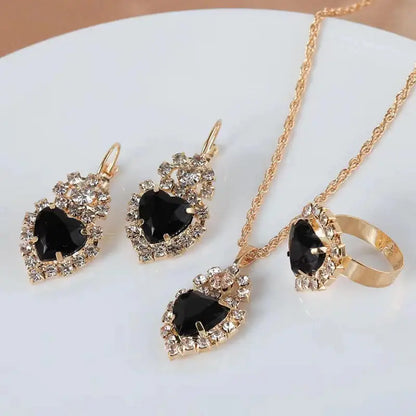Necklace Earring Ring Three-piece Set For Women Water Drop Heart-shaped Rhinestone Set Fashion And Exquisite Bridal Accessories