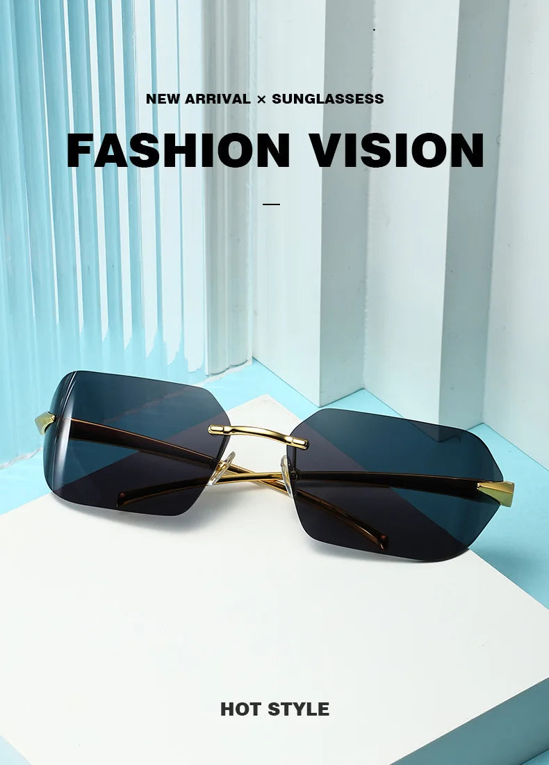 Rimless Men Sunglasses 2024 Fashion Luxury Brand Curved Lens Summer Traveling Sun Glasses for Women Frameless Rectangle Shades