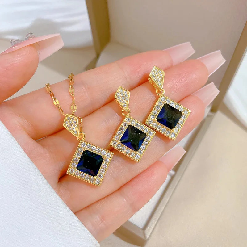DIEYURO 316L Stainless Steel Square Dark Blue Crystal Charm Necklace Earrings For Women Girl New Trendy Jewelry Set Gift Party