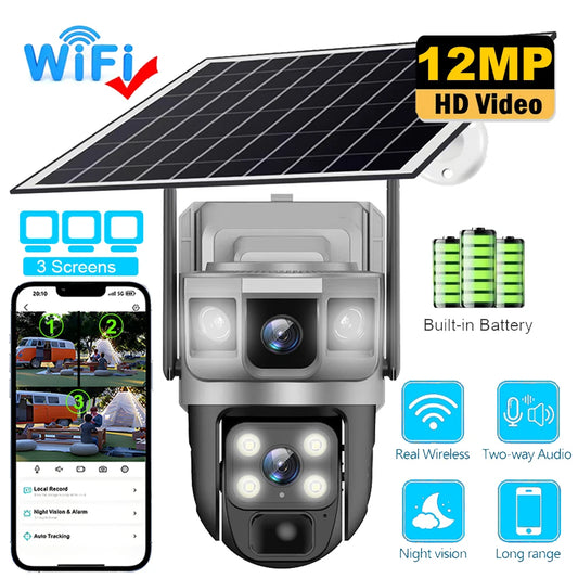 Wifi Solar Security Camera 360 PTZ Outdoor 12MP V380 Pro Cctv Dual Lens House Surveillance Cameras Smart Home Camarade Seguridad