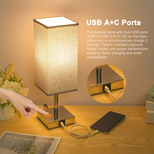 2 Packs Fabric Bedside Table Lamp Nightstand Lamp with Warm White LED Bulb Desk Light Touch Control USB A Type C Charging Ports