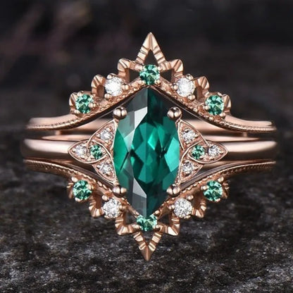 Classical Rose Gold Color Oval Green White Stone Rings for Women Party Jewelry Rings Set