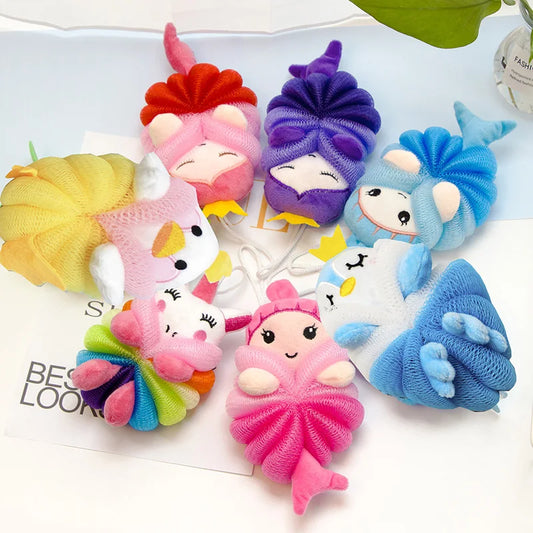 Baby bath flower ball, cute cartoon mermaid for children, soft and non scattering bath ball, bubble net