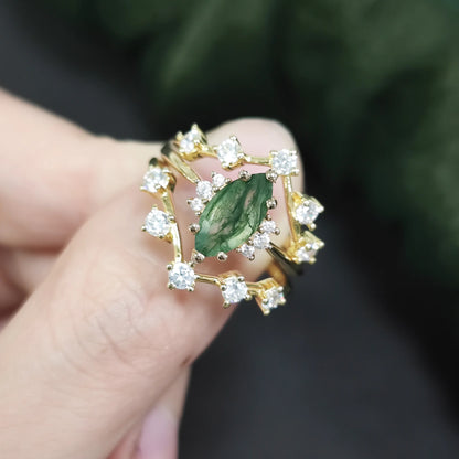 Marquise 5x10mm 925 Sterling Silver Natural Moss Agate Engagement Ring Bridal Wedding Ring For Her Moss Agate Dainty Ring Set